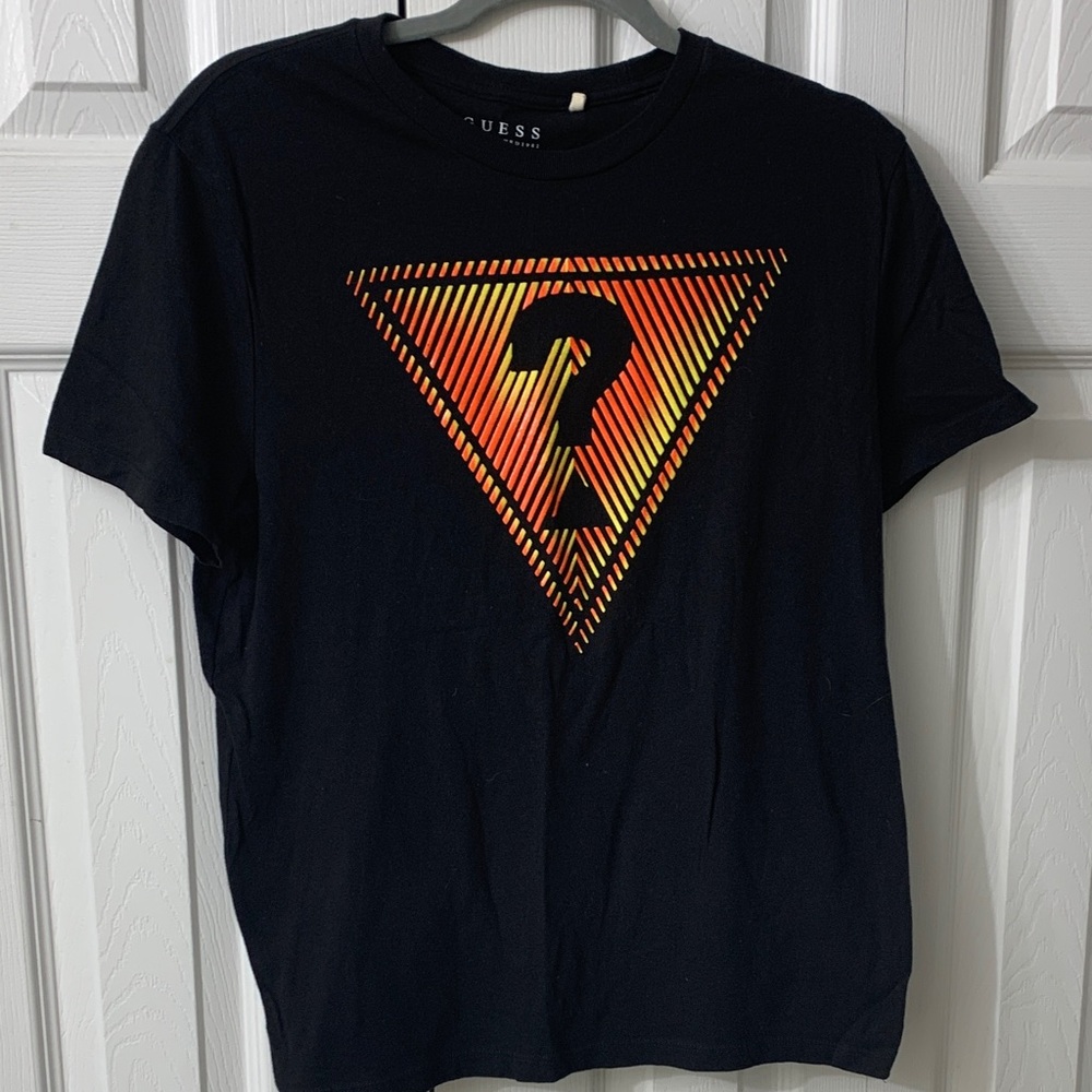 GUESS Men's Black Tee with Vibrant Orange Yellow Design